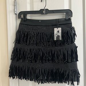 Sincerely Jules Black Faux Leather Mini Skirt Studded Fringe Detail small